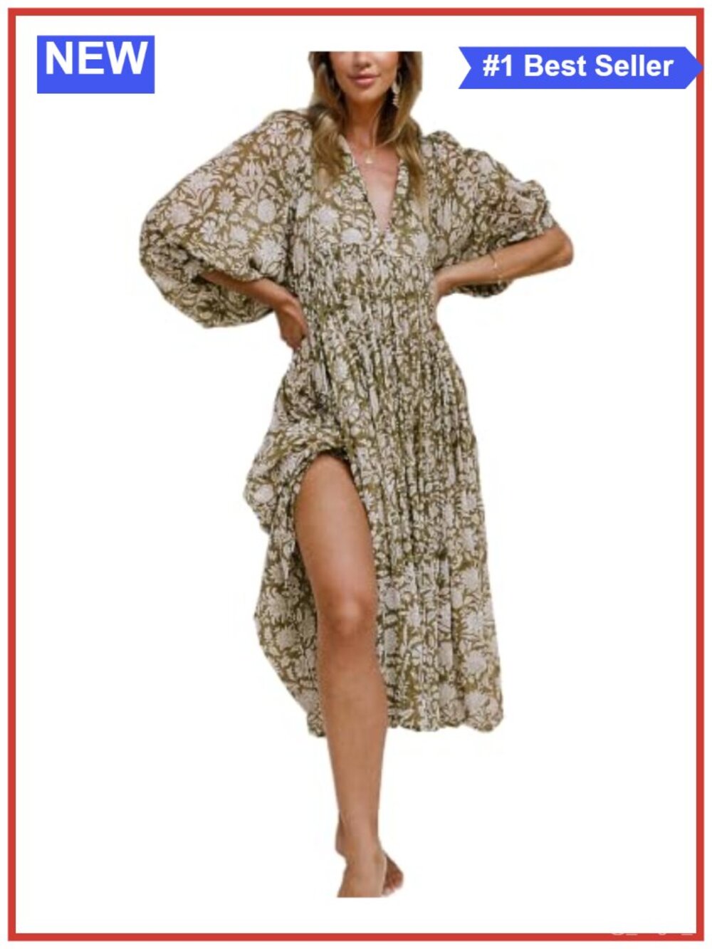 Boho Midi Floral Dress 3/4 Puff Sleeve V-Neck 100% Rayon Summer